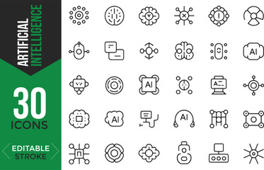 Artificial Intelligence Line Icon Set – Editable Stroke Vector Illustration

