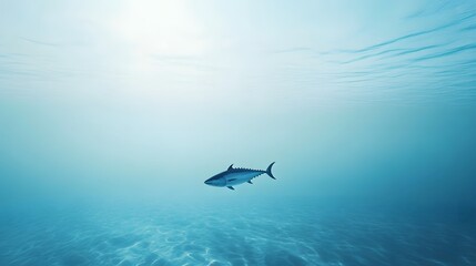 A serene underwater scene featuring a solitary fish swimming gracefully through clear blue waters, highlighting the beauty and tranquility of ocean life.