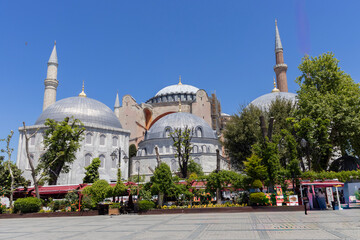 Images of historical Istanbul and the Bosphorus. The photograph includes tourists, ferries and flying birds. Hagia Sophia. Sultan Ahmet Mosque. Suleymaniye. Eminonu. Sirkeci. 