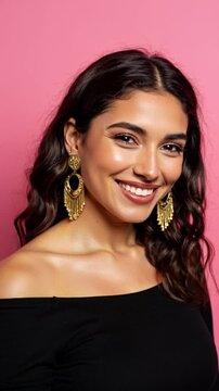 A woman with wavy hair and gold earrings smiles against a vibrant pink background