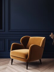 A modern mustard colored velvet chair in a room