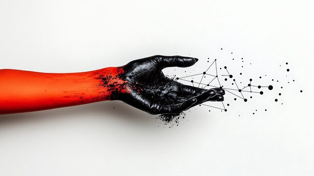 Abstract Orange and Black Hand Disintegrating into Pixels on White Background