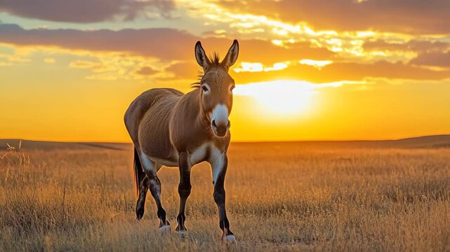 A donkey is standing in a field with the sun setting in the background. The scene is peaceful and serene, with the donkey being the only living creature in the vast, empty field