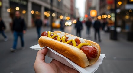 Hot Dog with Mustard and Onion on Street