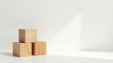 Obraz premium Simple Wooden Cubes on a White Surface, Illuminated by Soft Natural Light