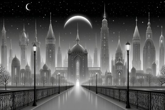 a gothic cityscape overwhelmed by population with looming shadows and overbuilt towers