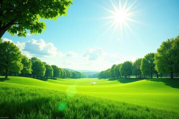 Obraz premium Serene Landscape Featuring Lush Green Meadows Under a Bright Sunny Sky with Rows of Full Leaf Trees