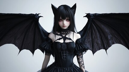 Dark, winged anime girl in gothic dress