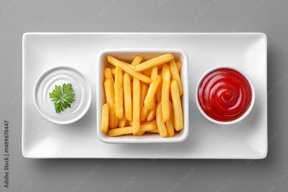 Poster a minimalist composition of a dipping sauce and three golden fries on clean background