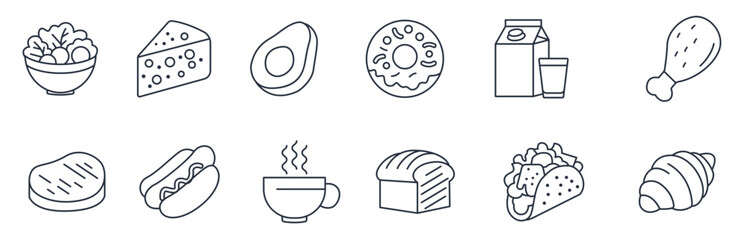  fast food and drink icons set vector line style, editable stroke
