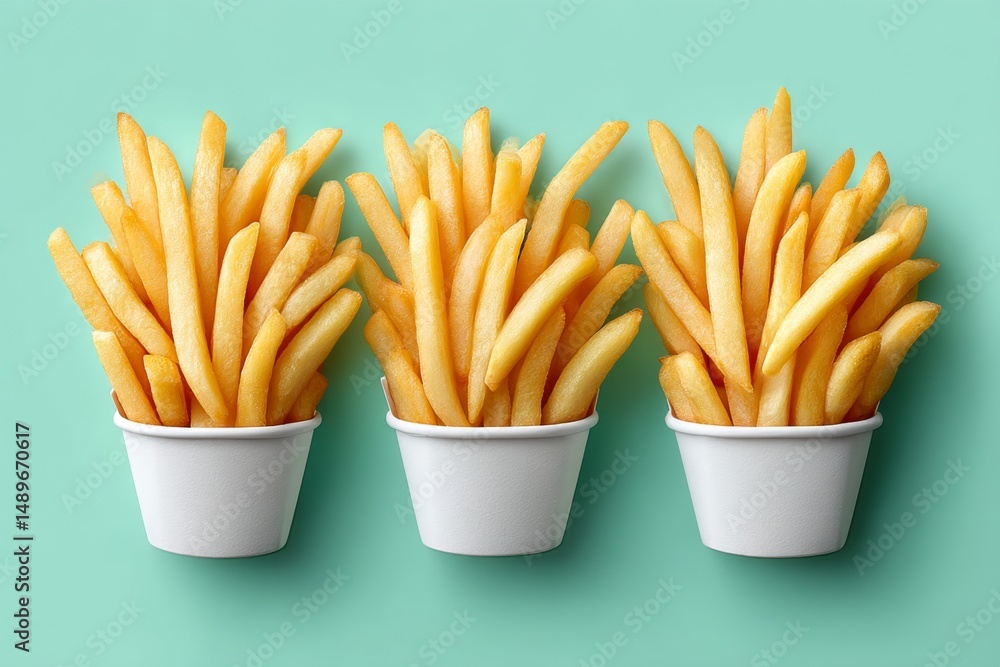Poster a minimalist design of three golden fries aligned in a row with shadow on pastel background