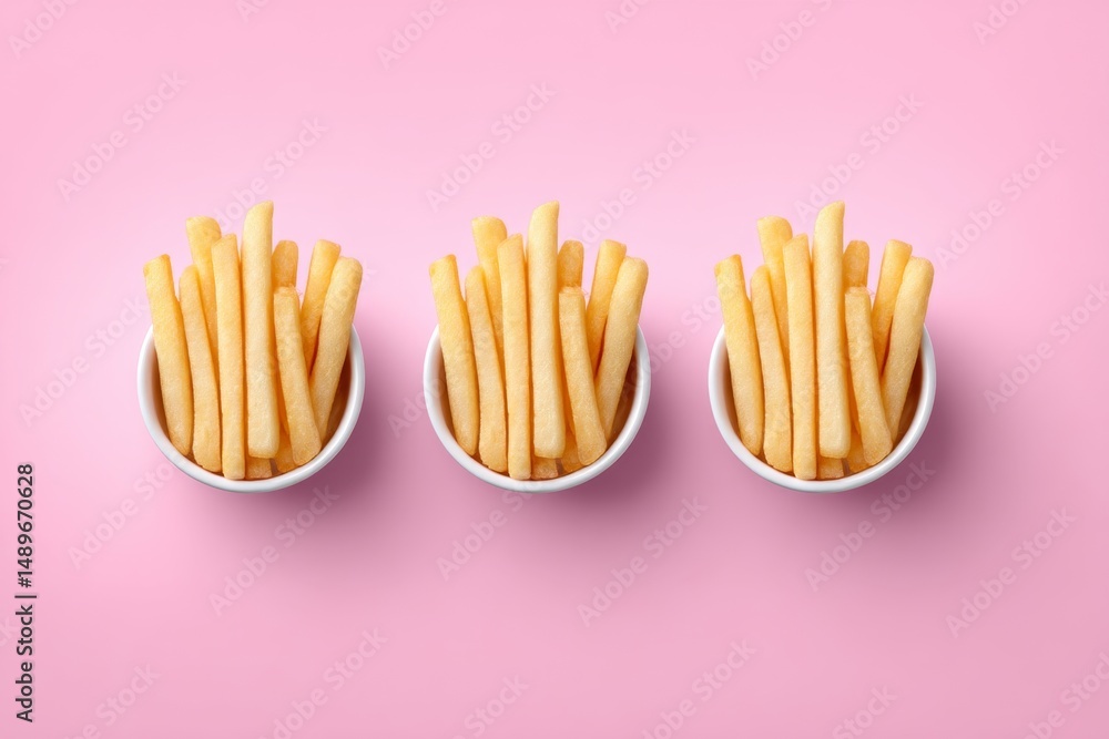 Poster a minimalist design of three golden fries aligned in a row with shadow on pastel background