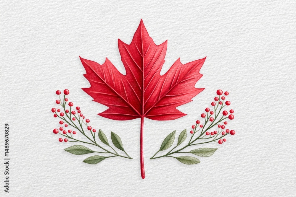 Wall mural a minimalist illustration of a red maple leaf centered on a white background