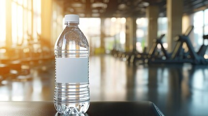 Clear plastic water bottle in a modern gym.