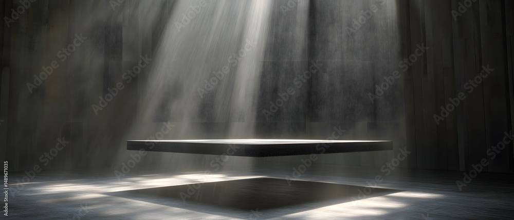 Poster A surreal image showcasing a floating table illuminated by beams of light in a dimly lit environment, symbolizing mystery and introspection, evoking thoughts on existence and spiri