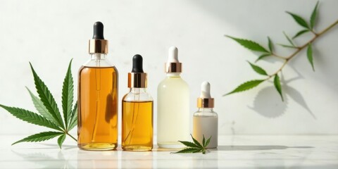 Aromatic Herbal Extracts in Elegant Glass Bottles with Fresh Green Leaves on a Marble Surface