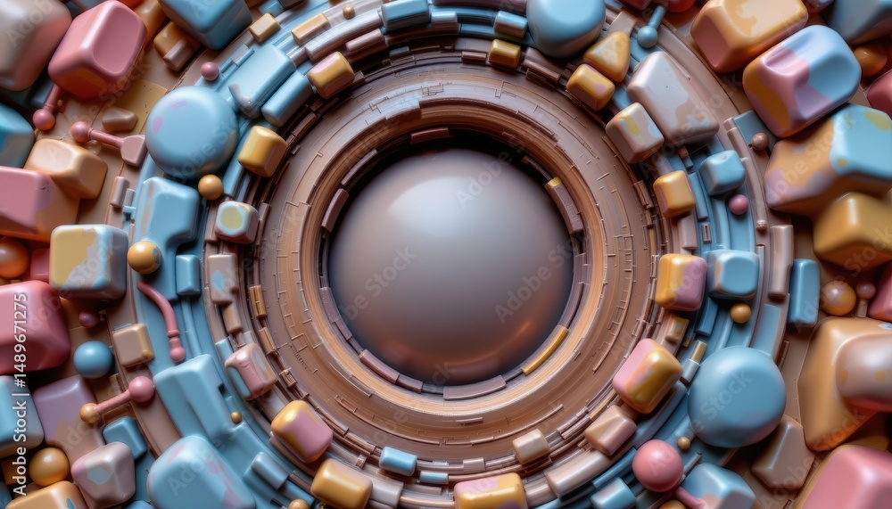 Poster abstract 3d composition of geometric shapes in soft pastel colors creating a circular design