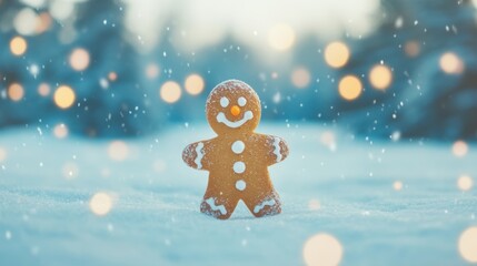 A gingerbread cookie with icing decorations stands on fresh snow as snowflakes gently fall around it, creating a festive mood