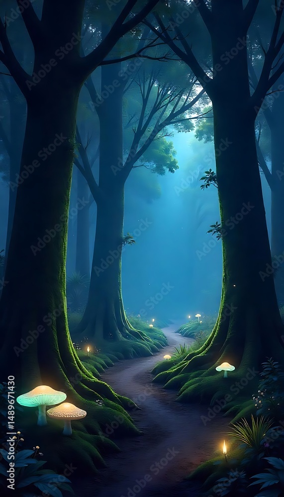 Aufkleber generative ai enchanted forest path with luminous mushrooms and towering trees