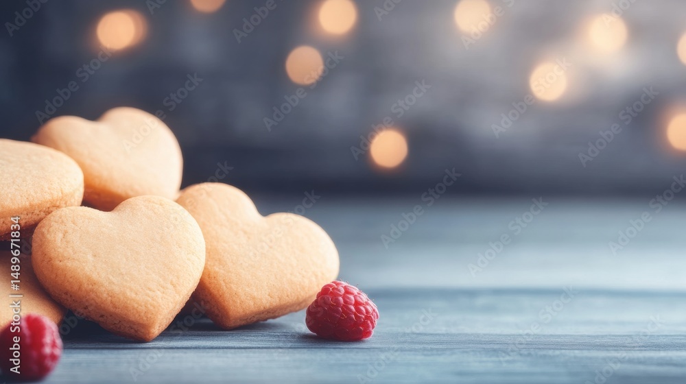 Poster heart-shaped cookies are arranged neatly on a wooden table with fresh raspberries and soft bokeh lig