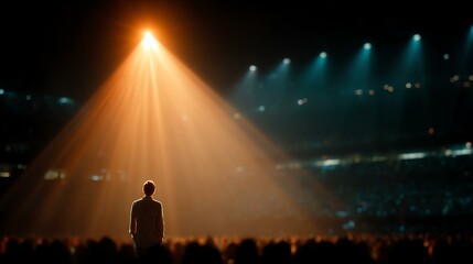leader giving motivational speech A performer stands under a spotlight.