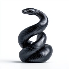 Coiled Black Snake Sculpture on White Background