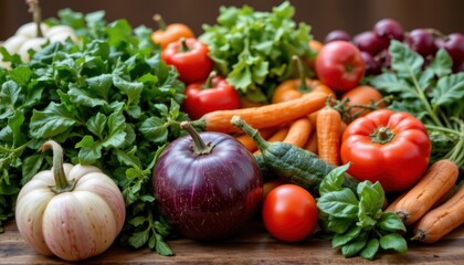 Assorted Fresh Organic Vegetables Including Tomatoes, Lettuce, Carrots, and Eggplant on Wooden Table