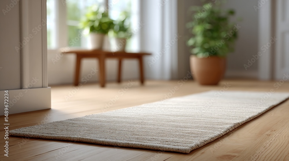 Poster clean image of minimalistic carpet runner over wooden floor featuring ample copy space around it