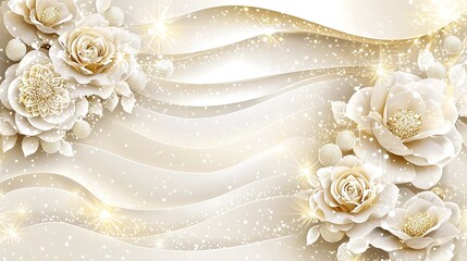 Exquisite gold roses and blossoms on a shimmering background.