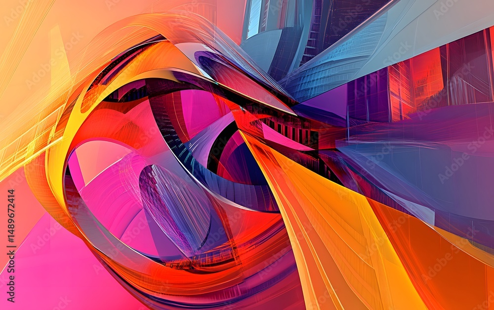 Poster a vibrant abstract design featuring dynamic shapes and vivid colors, blending forms and hues to crea