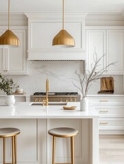 This modern kitchen features a stylish interior with gold fixtures