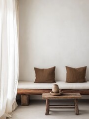 Comforting wooden bench with two brown pillows and a small table