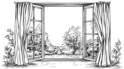 Fototapeta premium Open window, garden view, curtains, nature, home design