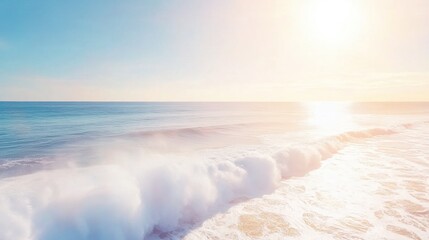 Sunlight reflects off the calm ocean as gentle waves crash onto the sandy beach, capturing a peaceful morning atmosphere by the water