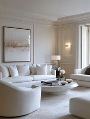 A minimalist living room with light colors and cozy furniture
