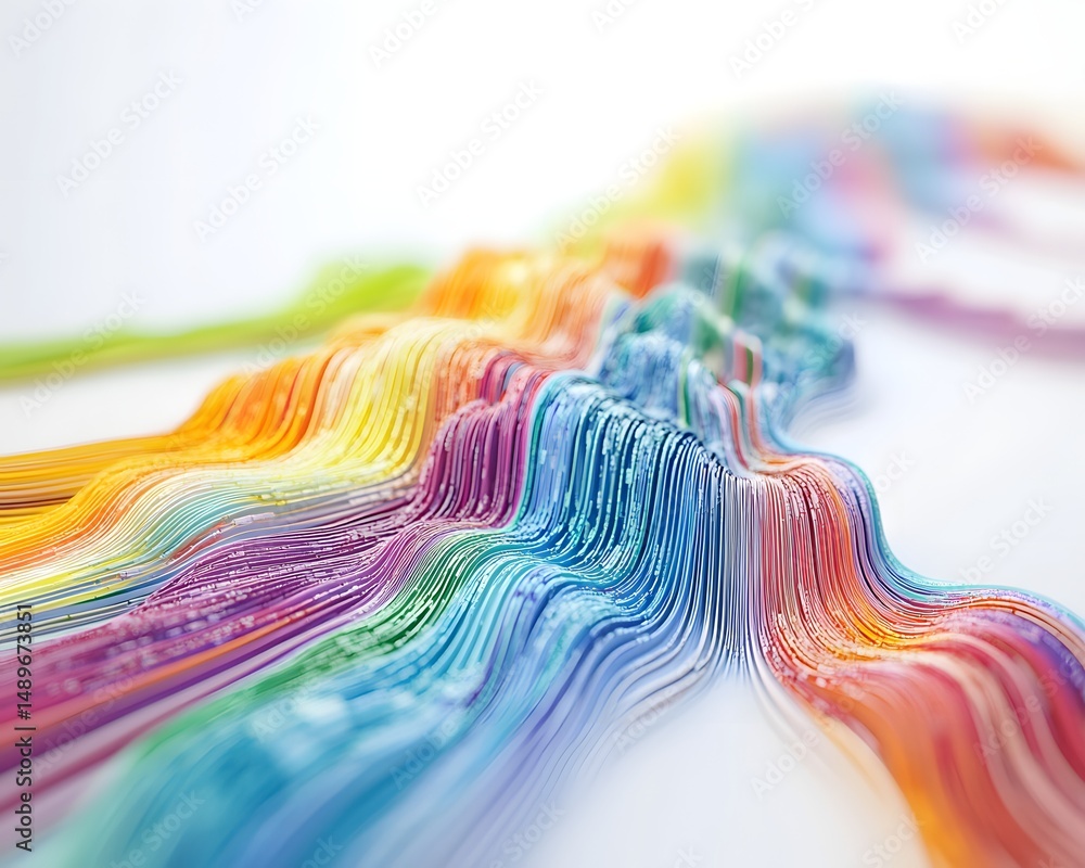 Poster a vibrant display of colorful waves blending together, creating a mesmerizing flow of rainbow hues. 