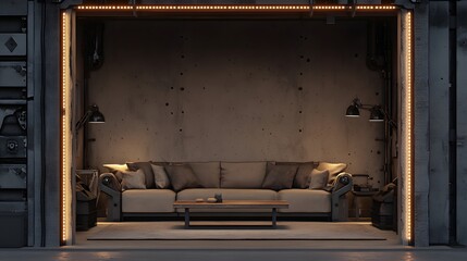 Industrial interior design featuring a comfortable couch and warm lighting.