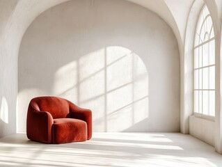 A red armchair sits in a sunlit room