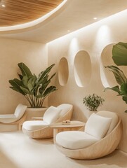 Modern neutral interior scene showcasing furniture and living plants