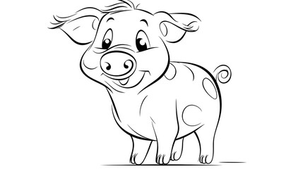 9. Happy cartoon piglet with a curly tail and chubby cheeks, outlined in bold black lines on a white background with no shading