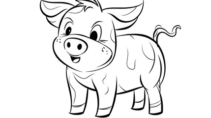 Fototapeta premium 9. Happy cartoon piglet with a curly tail and chubby cheeks, outlined in bold black lines on a white background with no shading