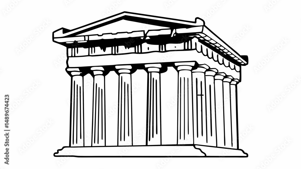 Poster illustration of a classical greek temple with columns and triangular pediment facade in black and wh