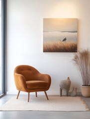 A cozy indoor scene showing a chair and art