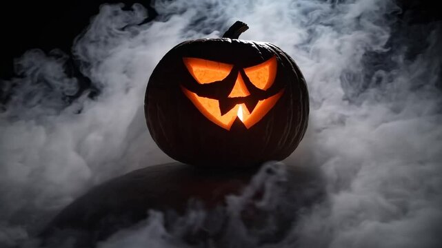 Menacing carved pumpkin glowing with fiery orange light, eerie jack-o'-lantern face piercing through dark smoky shadows against pitch-black backdrop