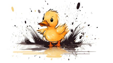17. Cartoon duckling splashing in a puddle, drawn with bold black lines and no shading on a simple white background
