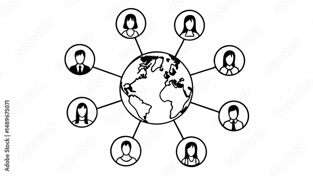 Poster world network showing connections between people around the globe in black and white style drawing c
