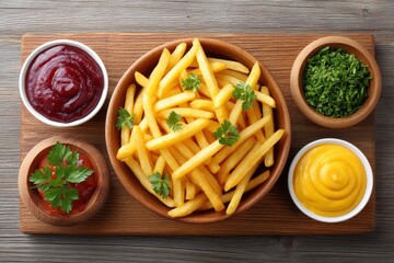 a realistic photo of fast food fries scattered across a rustic table with dips
