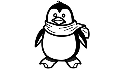 32. Cartoon penguin waddling with a scarf, drawn in bold clean black and white line art with no shading