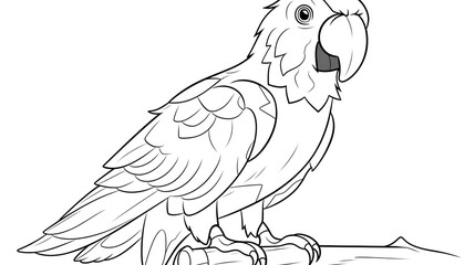 31. Friendly cartoon parrot sitting on a perch, outlined in simple bold black lines with no shading for a children s coloring book