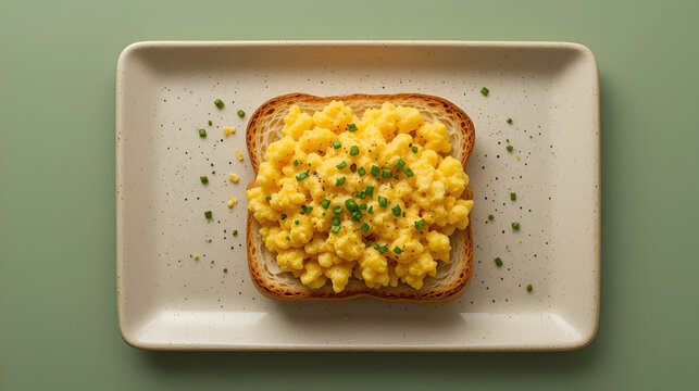 Scrambled eggs on toaster fried bread on quadrangular beige textural plate on  green table, top view.